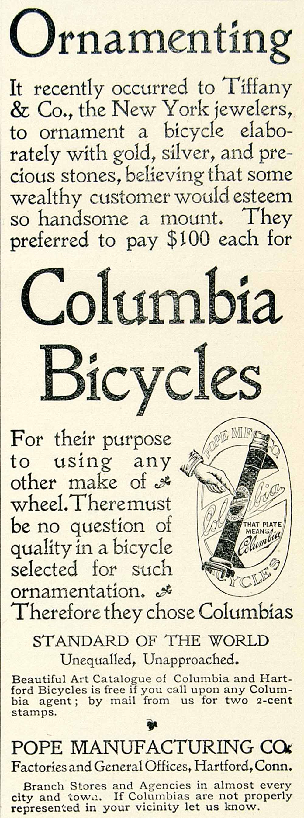 1896 Ad Columbia Bicycles Pope Hartford CT Transportation Metal Frame CCG1