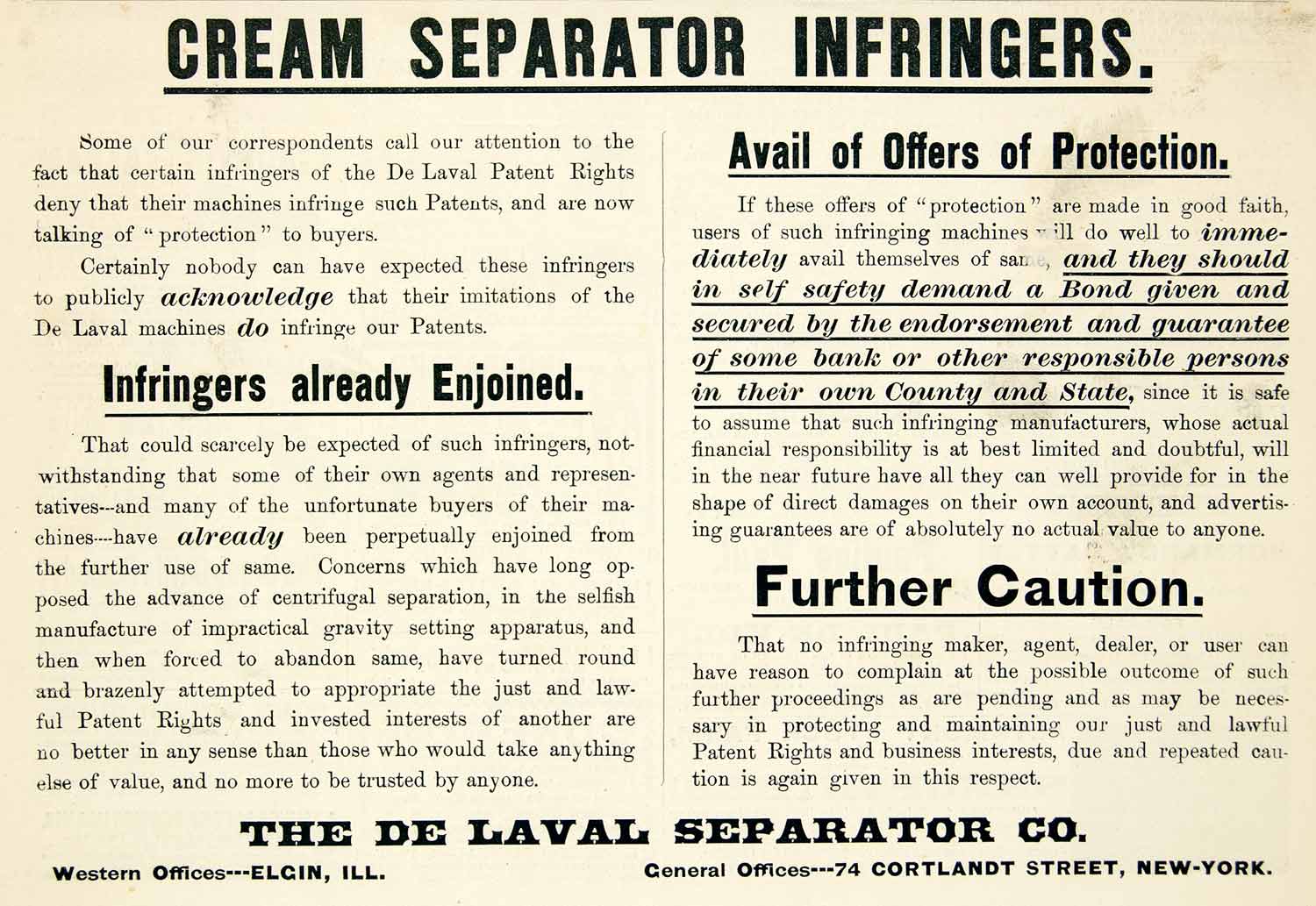 1896 Ad De Laval Cream Separator 74 Cortlandt St NY Centrifugal Dairy CCG1