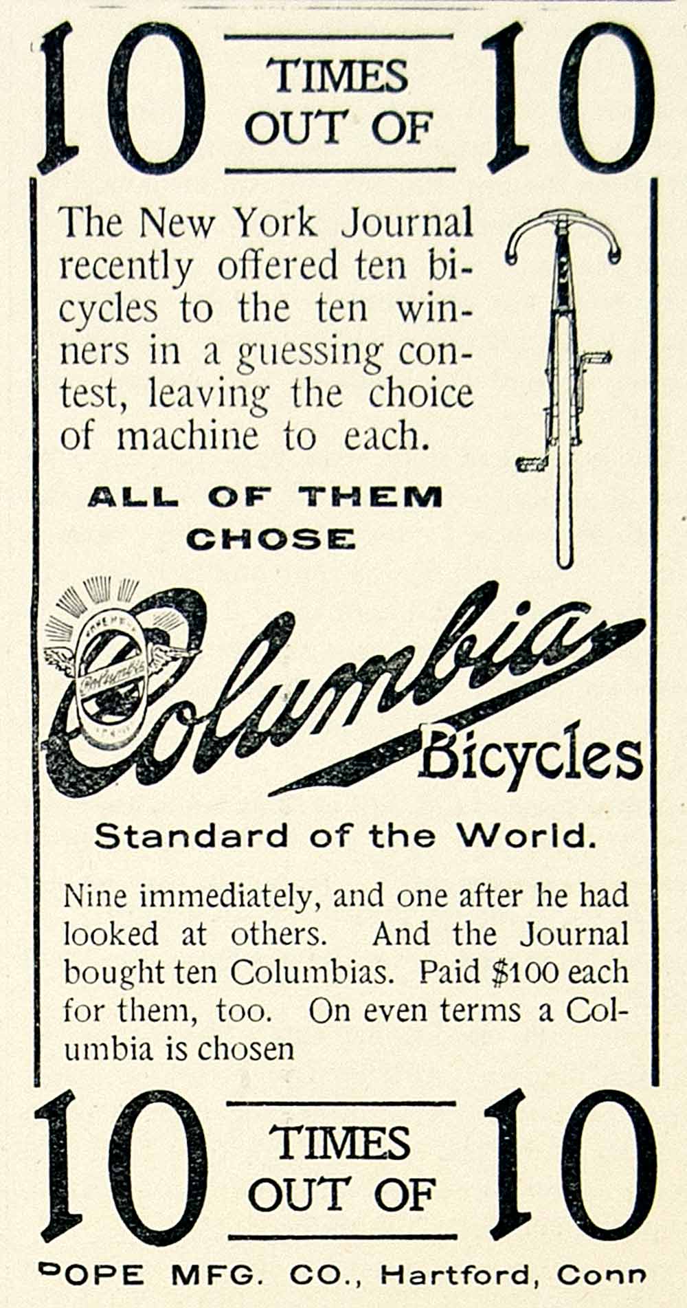 1896 Ad Columbia Bicycles Pope Hartford CT Transportation Bike New York CCG1
