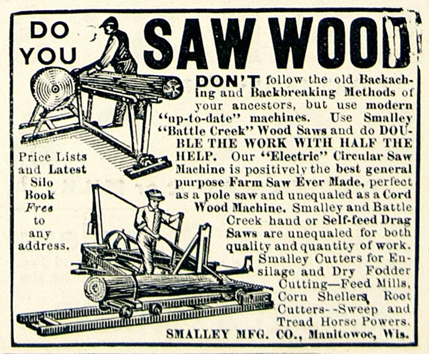 1896 Ad Smalley Battle Creek Wood Circular Saw Electric Self Feed Drag CCG1