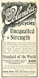 1896 Ad Columbia Bicycles Pope Transportation Mechanical Unequaled Strength CCG1