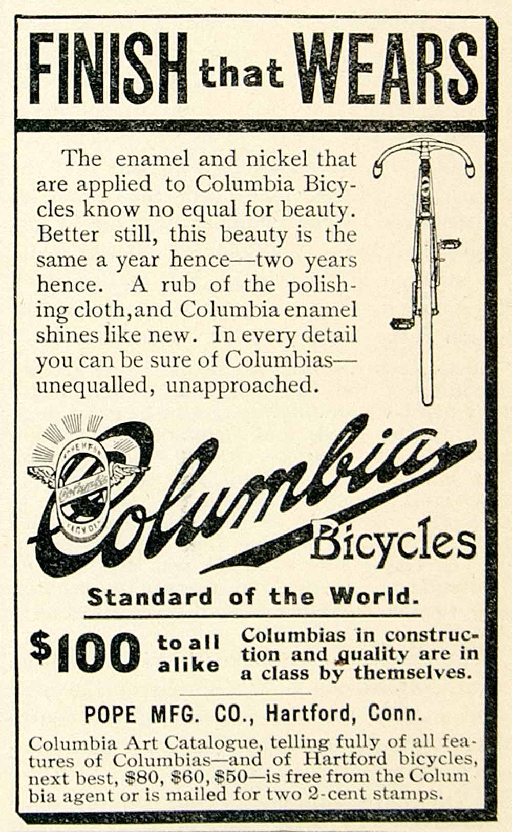 1896 Ad Columbia Bicycles Pope Hartford CT Finish Wears Enamel Polish Metal CCG1