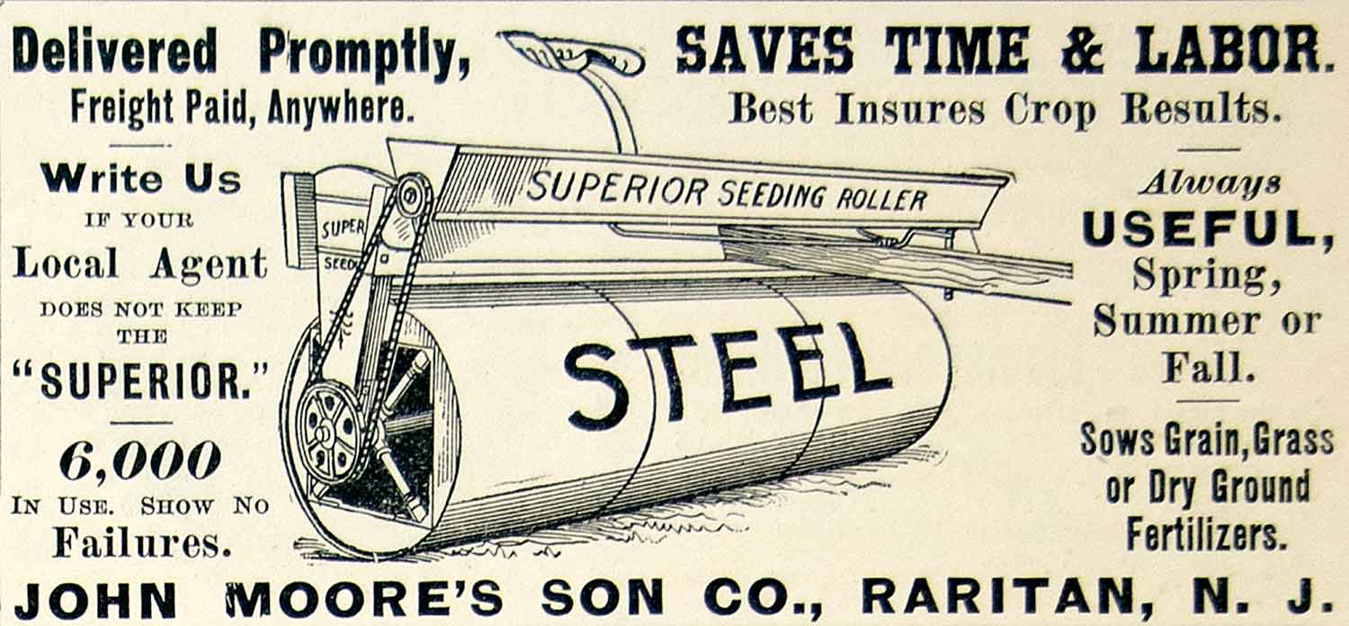 1896 Ad John Moore Son Superior Seeding Roller Farm Machinery Raritan NJ CCG1