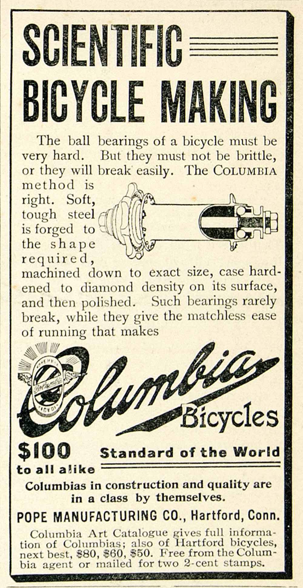 1896 Ad Columbia Bicycles Scientific Making Ball Bearing Mechanical Part CCG1