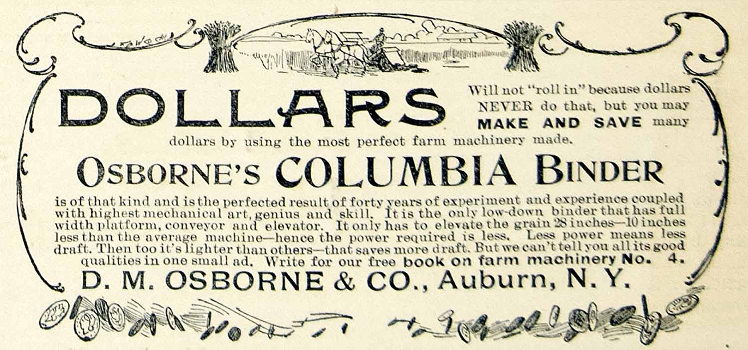 1896 Ad DM Osborne Columbia Binder Farm Machinery Auburn New York Horse CCG1