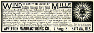 1896 Ad Appleton 7 Fargo St Batavia IL Windmill Goodhue Water Pump Farm CCG1