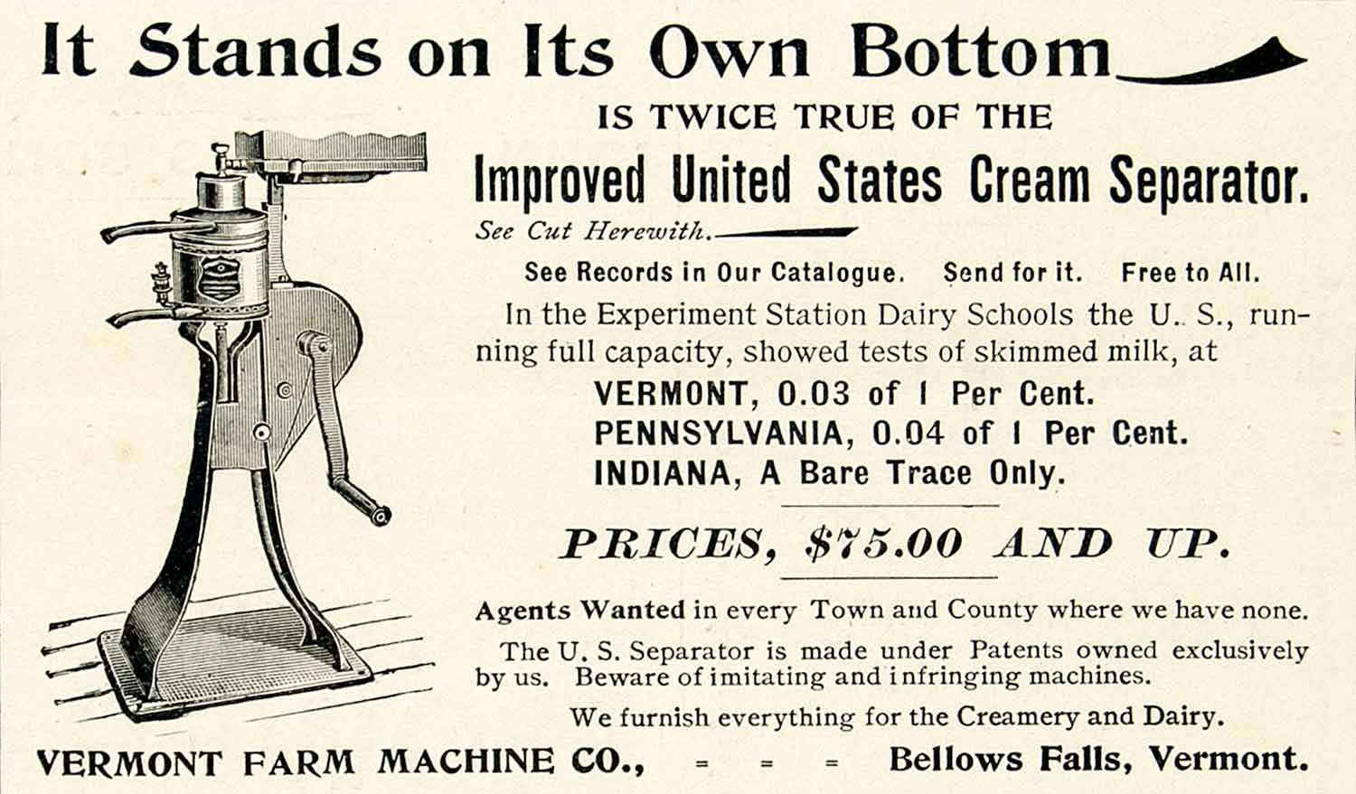 1896 Ad Vermont Farm Machine Improved US Cream Separator Dairy Skimmed Milk CCG1