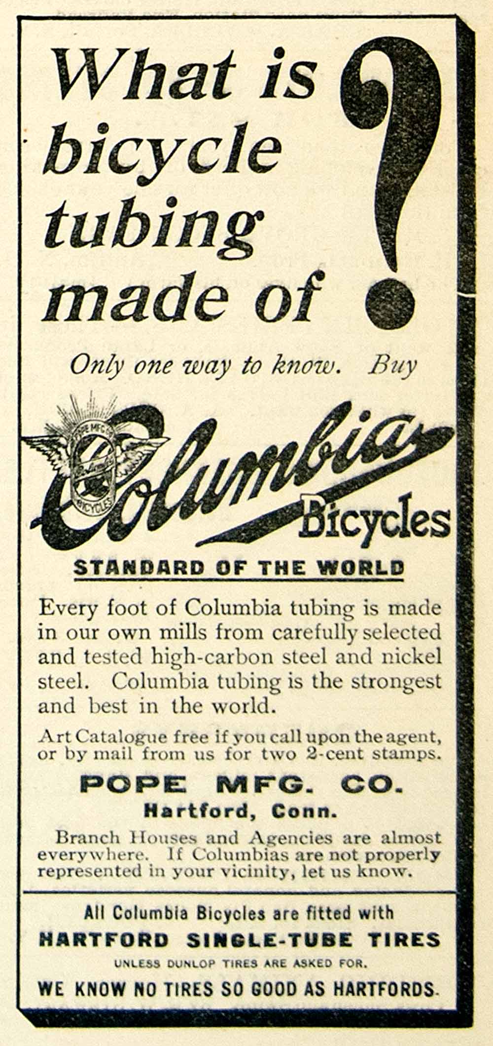 1896 Ad Columbia Bicycle Single Tube Tires Pope Hartford CT Transportation CCG1