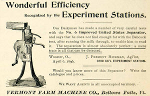 1896 Ad Vermont Farm Machine Experiment Station No 6 US Dairy Cream CCG1
