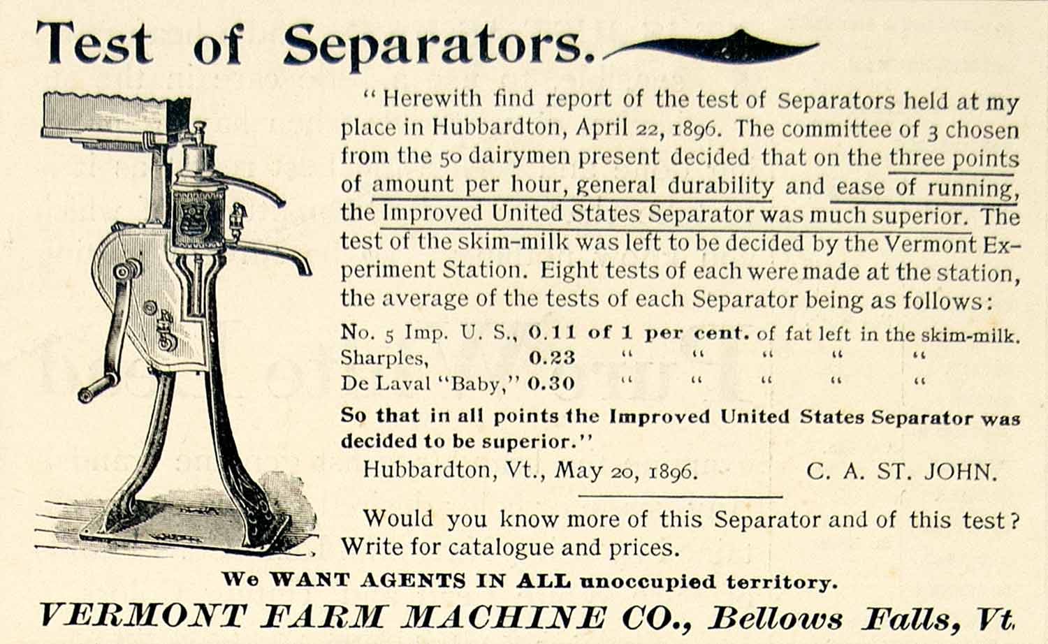 1896 Ad Vermont Farm Machine Dairy US Cream Separator Test No 5 Hand CCG1