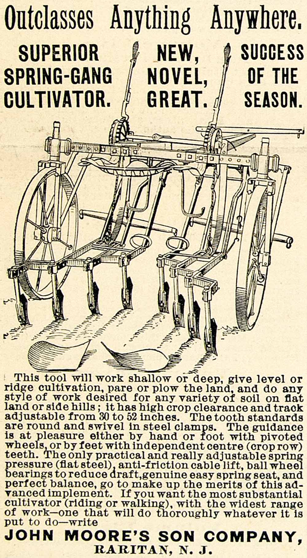 1896 Ad John Moores Son Superior Spring Gang Cultivator Farm Machine CCG1