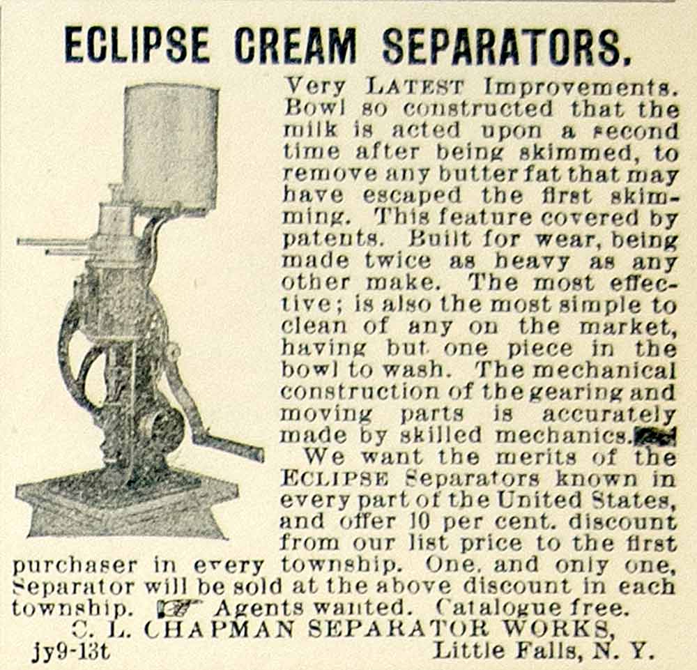 1896 Ad CL Chapman Dairy Eclipse Cream Separator Farm Machinery Little CCG1