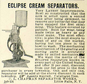1896 Ad CL Chapman Dairy Eclipse Cream Separator Farm Machinery Little CCG1
