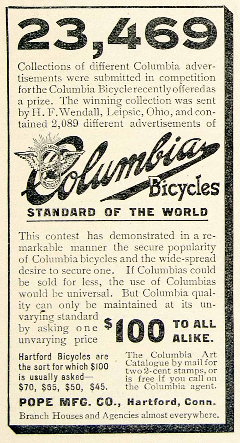 1896 Ad Columbia Bicycles Pope Hartford CT Transportation Cycling HF CCG1