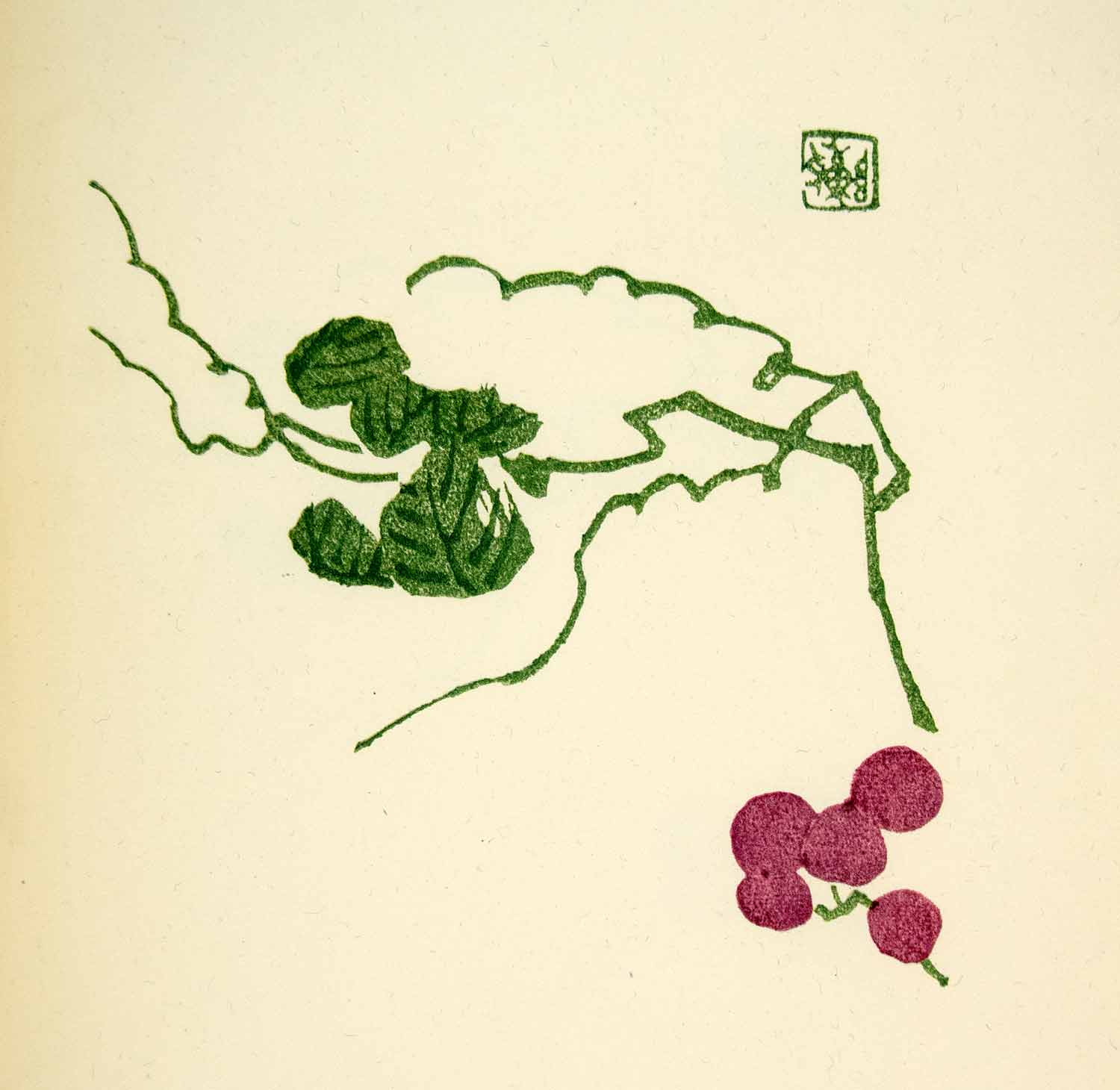1953 Lithograph Grapes Chinese Chen Shi-Tseng Purple Green Fruit Vine Leaf Art
