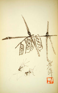 1953 Lithograph Crickets Bamboo Stems Pea Pods Chi Pai-Shih Chinese Grey Gray