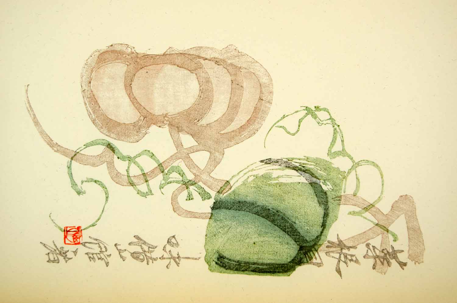 1953 Lithograph Chi Pai-Shih Ornamental Gourd Vine Plant Chinese Art Green Brown