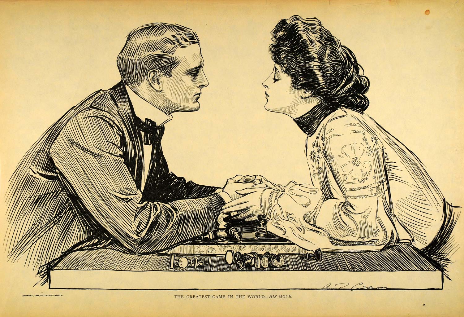 1906 Charles Dana Gibson Chess Game Lovers Girl Print - ORIGINAL