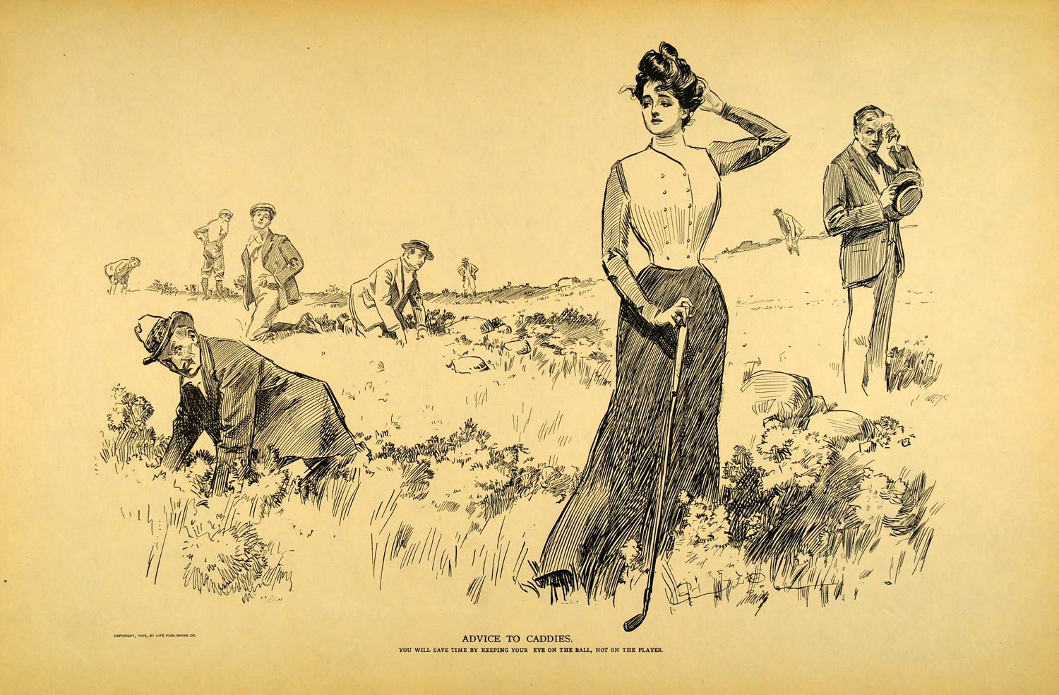 1906 Charles Dana Gibson Girl Golfing Caddies Print - ORIGINAL