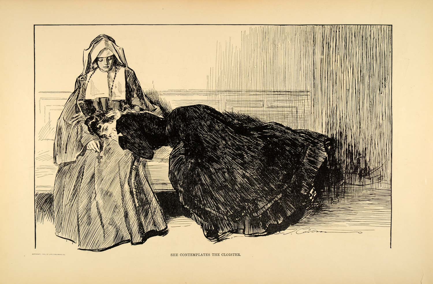 1906 Print Charles Dana Gibson Girl Nun Habit Cloister Art Line Drawing Sketch
