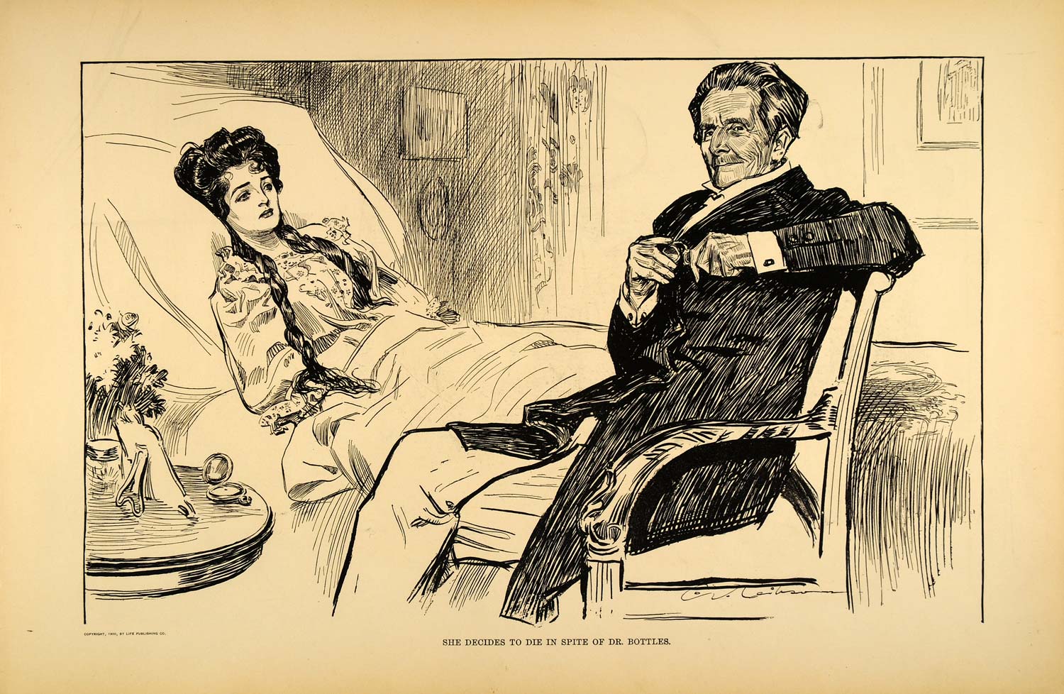 1906 Print Charles Dana Gibson Girl Sick Bed Doctor Bottles Art Drawing Sketch