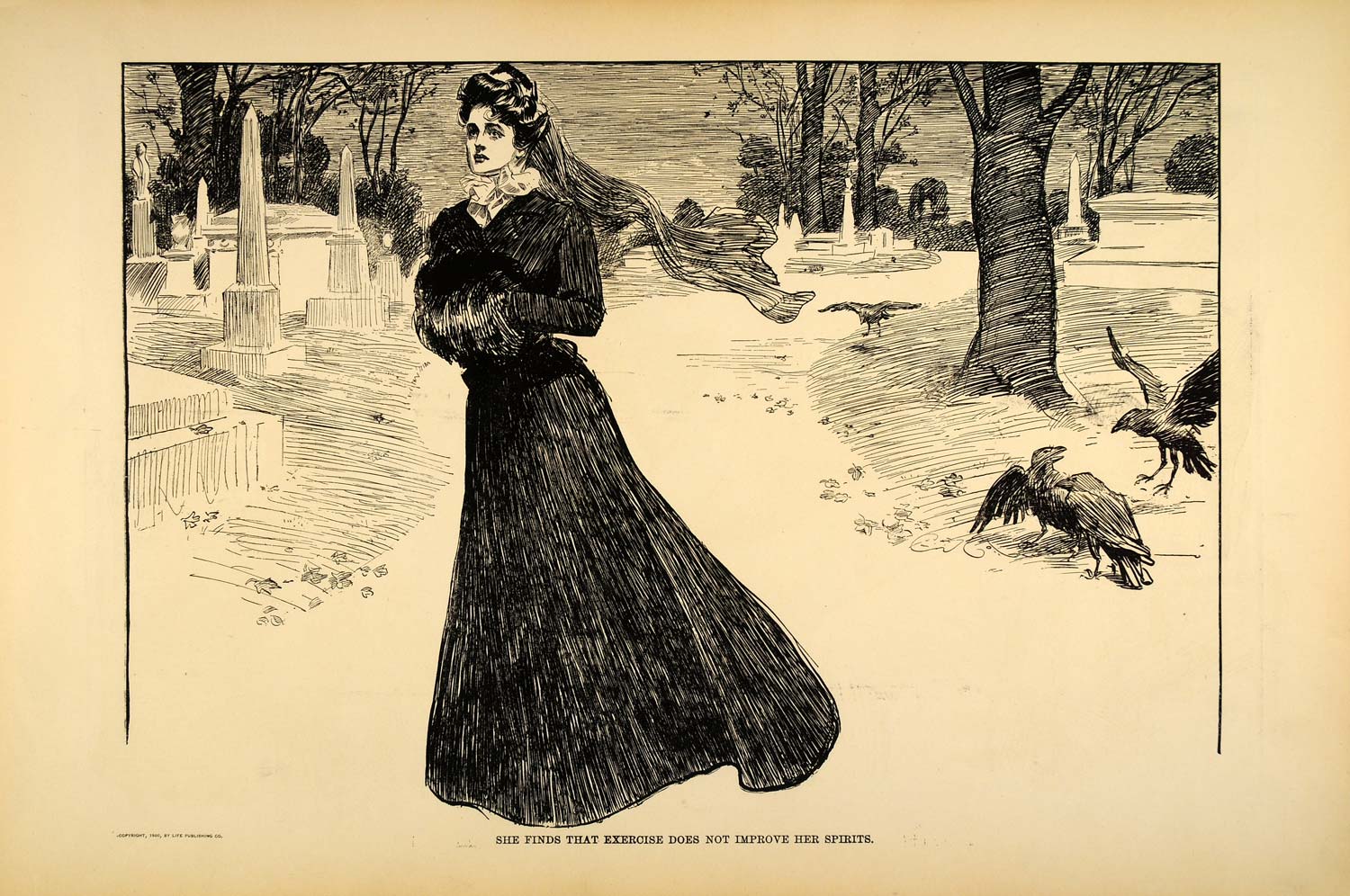 1906 Print Charles Dana Gibson Girl Cemetery Victorian Lady Art Drawing Sketch