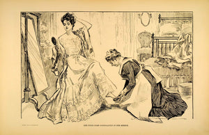 1906 Print Charles Dana Gibson Girl Mirror Lady Maid Bedroom Art Drawing Sketch