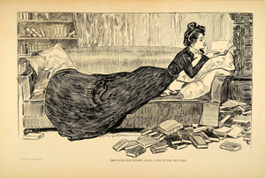 1906 Print Charles Dana Gibson Girl Books Sofa Reading Couch Art Drawing Sketch