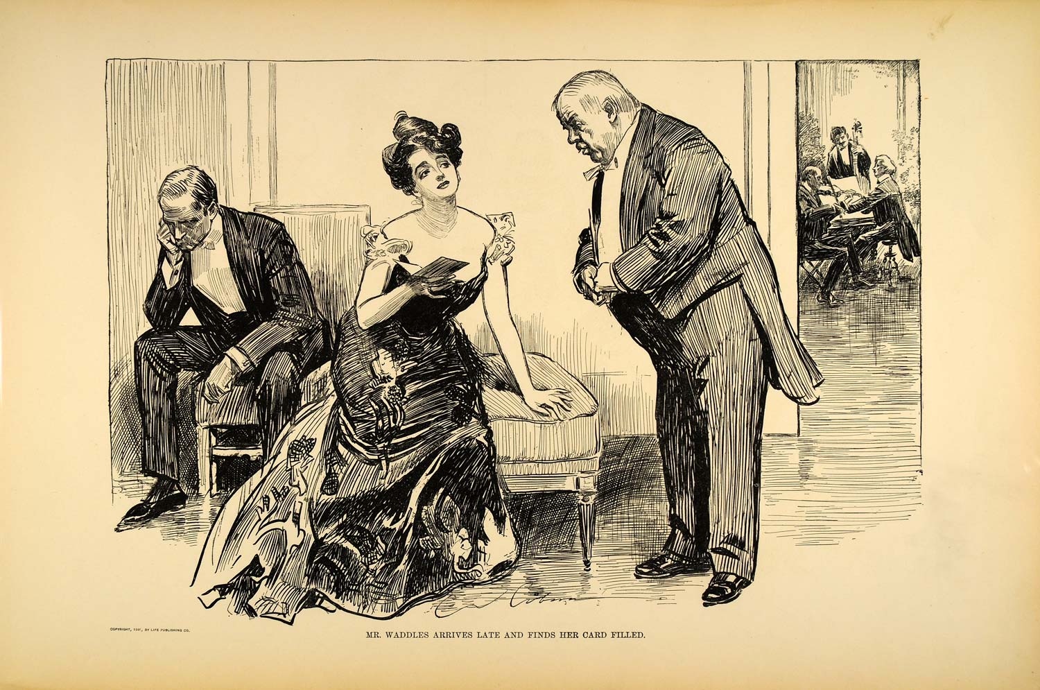 1906 Print Charles Dana Gibson Girl Ball Dance Card Mr. Waddles Drawing Sketch