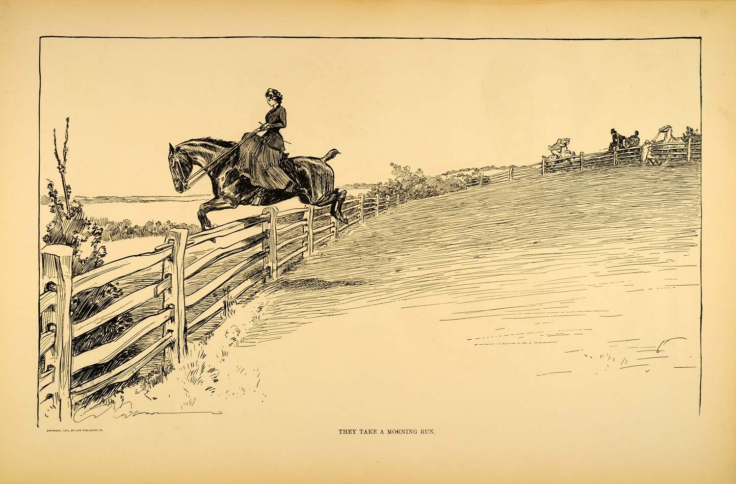 1906 Print Charles Dana Gibson Girl Sidesaddle Horse Jumping Fence Drawing Art