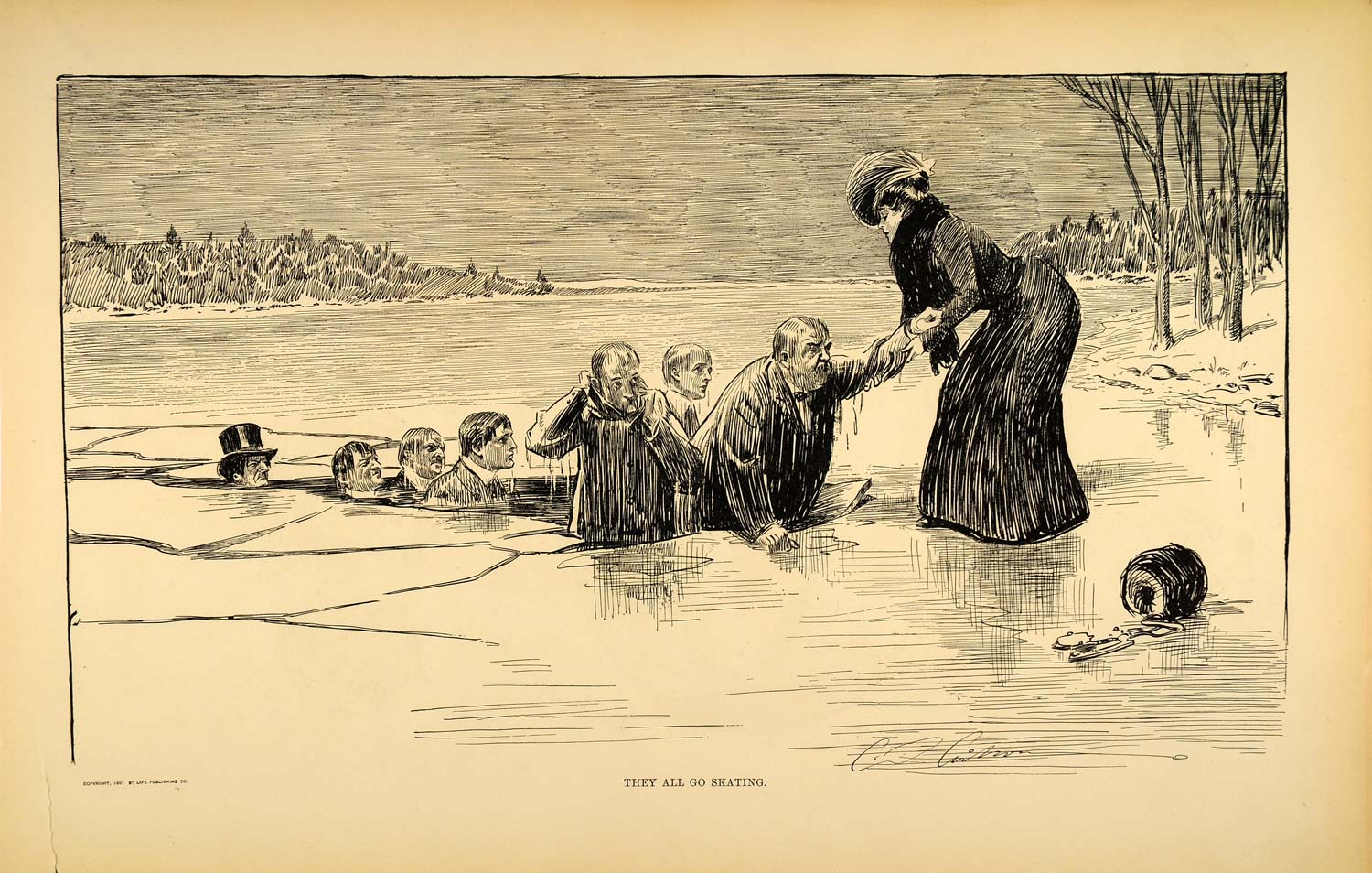 1906 Print Charles Dana Gibson Girl Ice Skating Pond Accident Drawing Sketch Art