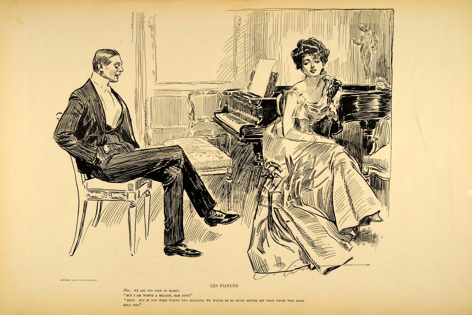 1906 Print Charles Dana Gibson Girl Piano Love Romance Lovers Drawing Art Satire