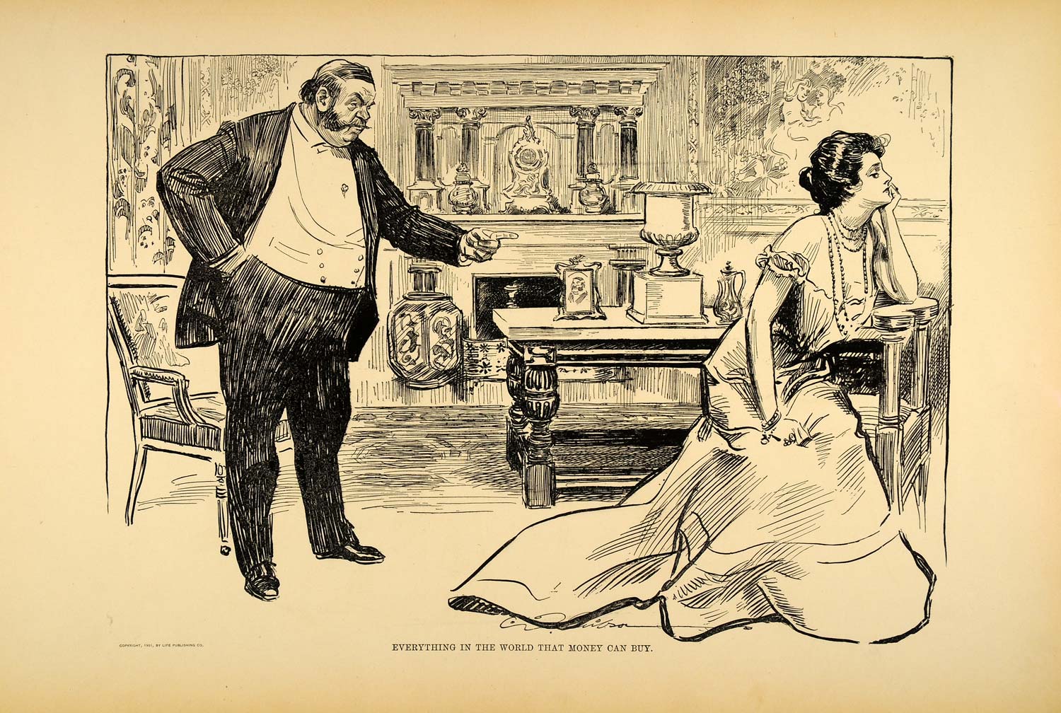 1906 Print Charles Dana Gibson Girl Money Suitor Love Romance Drawing Satire Art