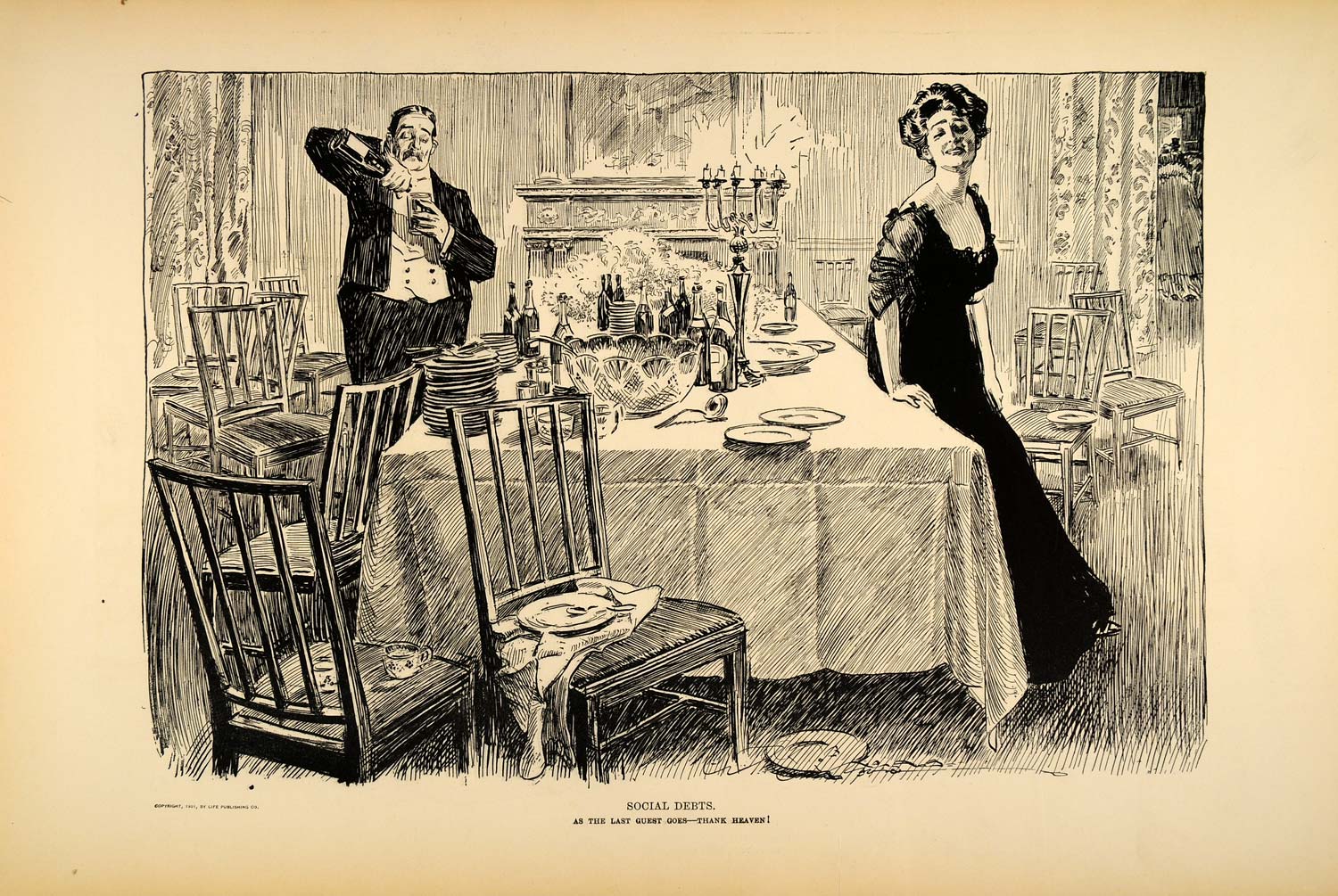 1906 Print Charles Dana Gibson Girl Dinner Party Social Debts Drawing Satire Art