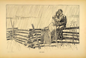 1906 Print Charles Dana Gibson Girl Lovers Fence Rain Love Romance Drawing Art