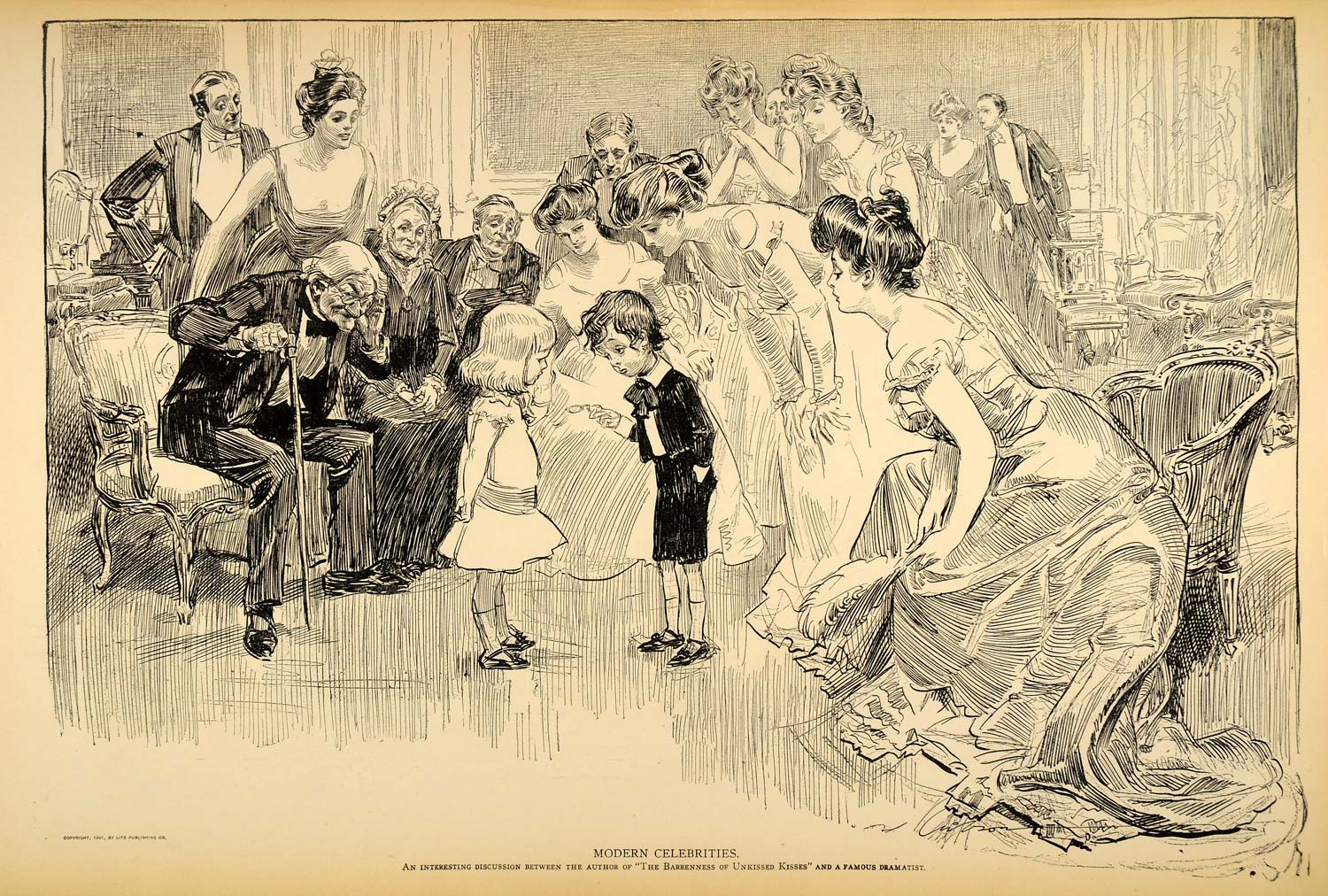 1906 Print Charles Dana Gibson Girl Party Guests Children Victorian Line Drawing