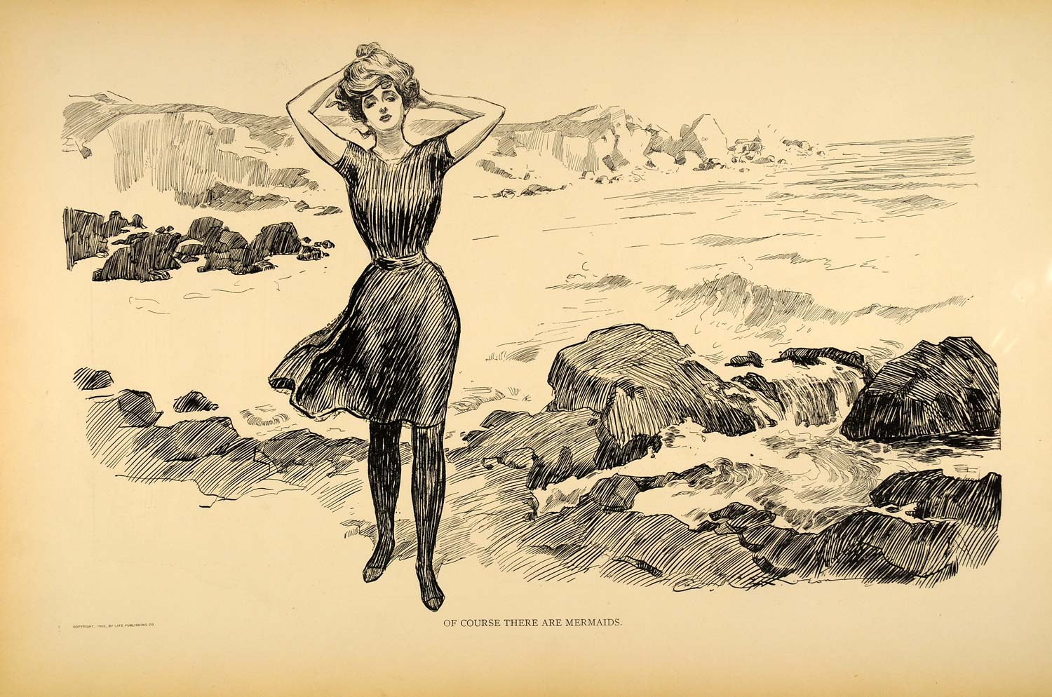 1906 Print Charles Dana Gibson Girl Victorian Swimsuit Costume Swimming Ocean