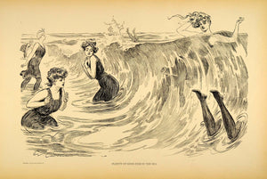 1906 Print Charles Dana Gibson Girl Victorian Swimsuit Swimming Ocean Drawing