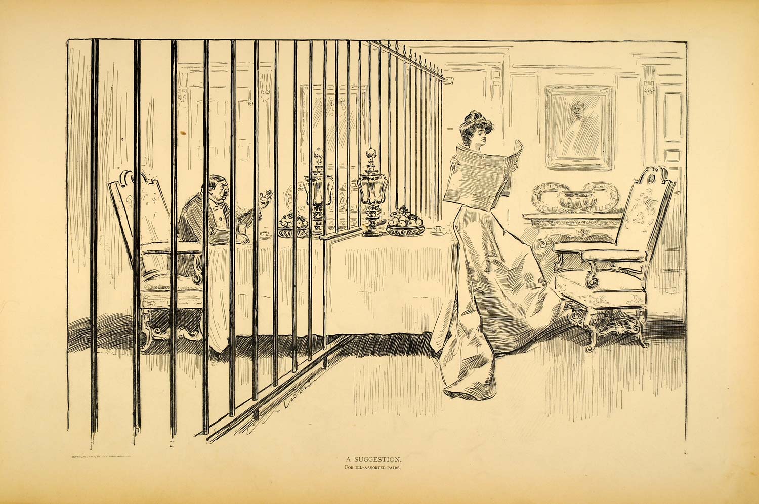 1906 Print Charles Dana Gibson Girl Marriage Love Satire Table Fence Sketch Art