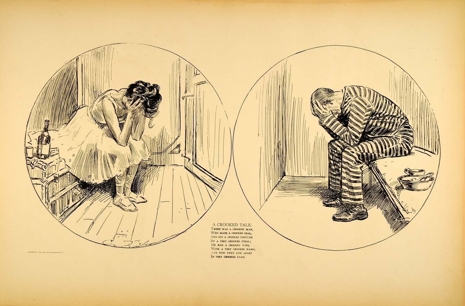 1906 Print Charles Dana Gibson Crooked Tale Jail Cell Prisoner Satire Drawing
