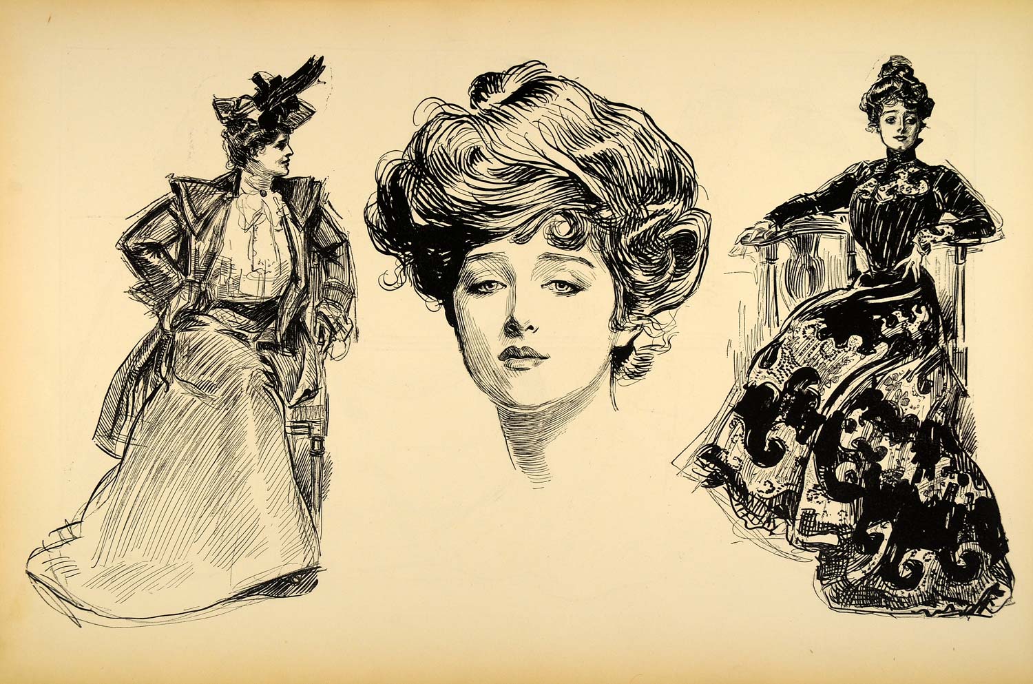 1906 Print Charles Dana Gibson Girl Portrait Sketches Costume Victorian Drawing