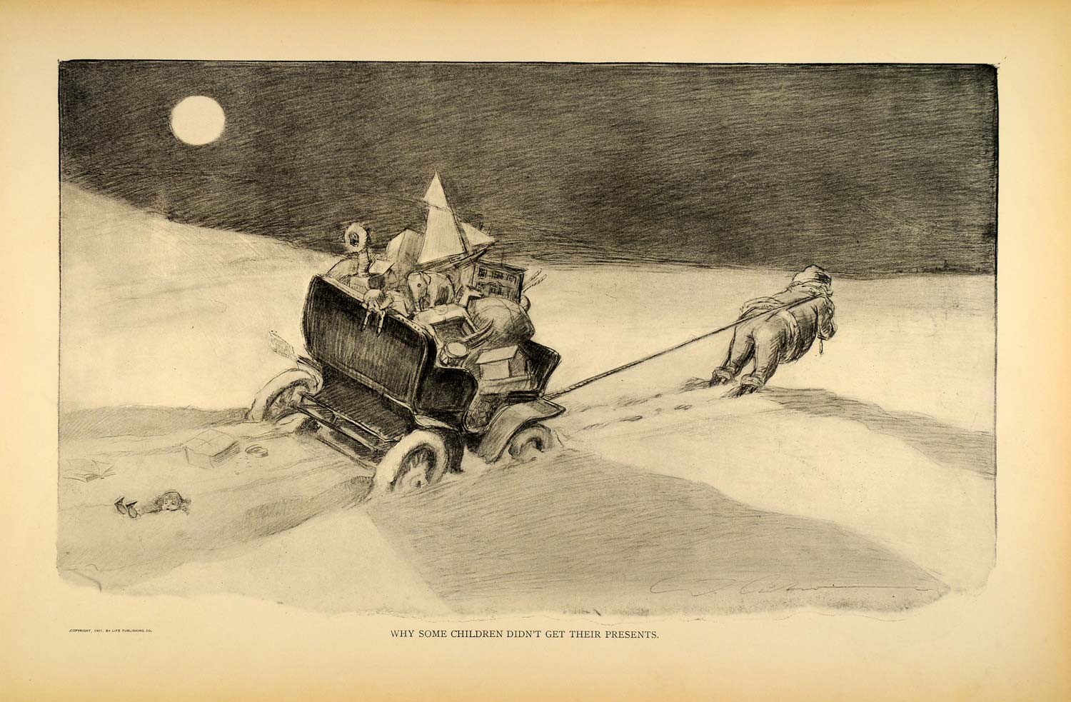 1906 Print Charles Dana Gibson Santa Claus Christmas Presents Sleigh Toys Satire
