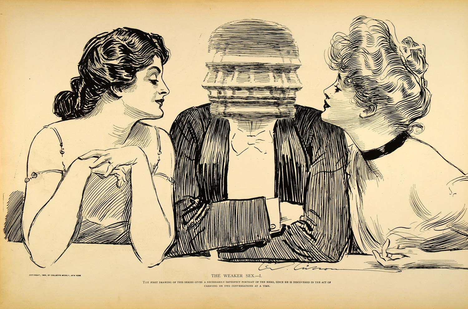 1906 Print Charles Dana Gibson Girls Man Weaker Sex Love Romance Satire Drawing