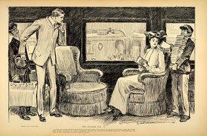 1906 Print Charles Dana Gibson Girl Parlor Car Train Travel Railroad Drawing Art