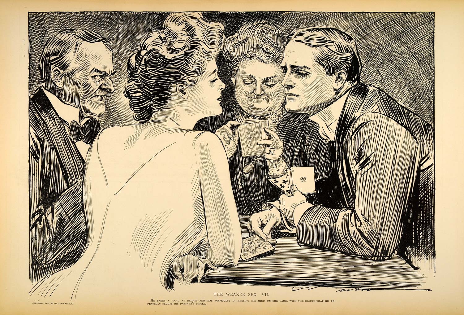 1906 Print Charles Dana Gibson Girl Man Playing Bridge Card Game Partner Romance