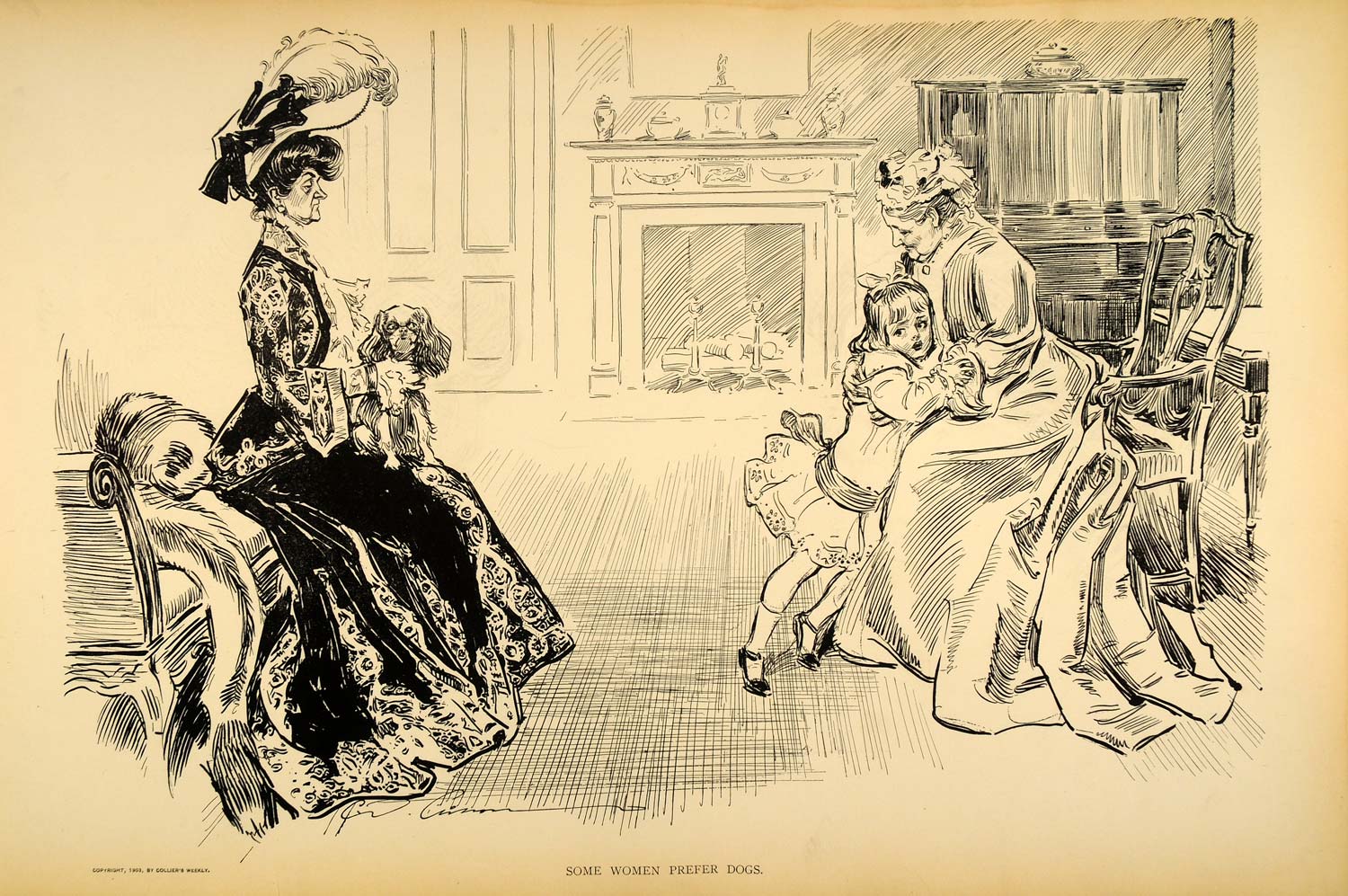 1906 Print Charles Dana Gibson Women Dog Lover Victorian Girl Drawing Satire Art