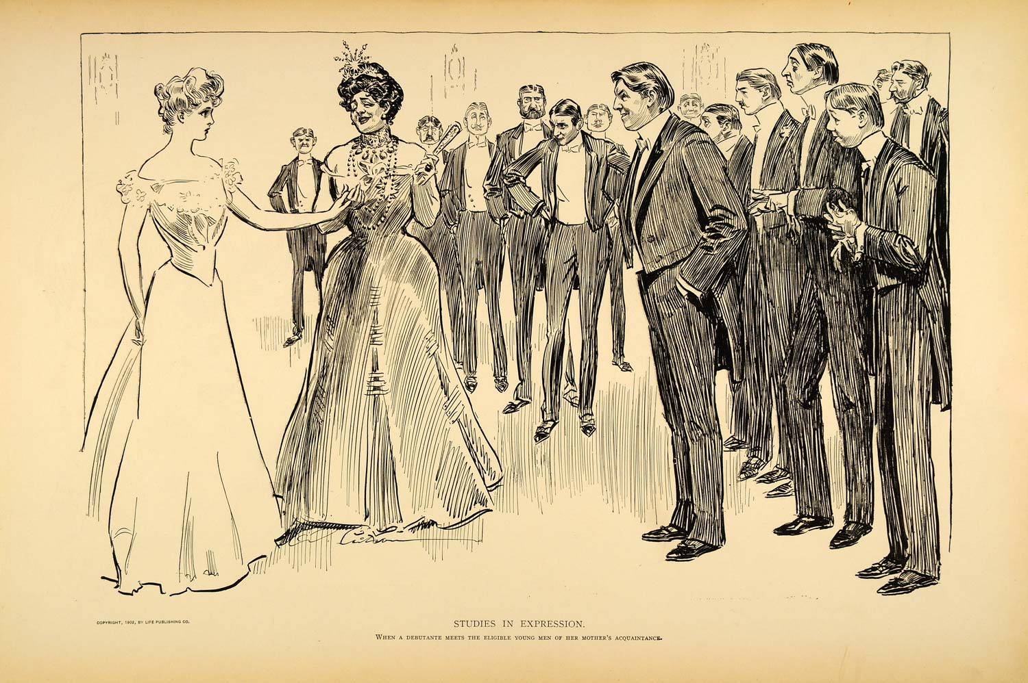 1906 Print Charles Dana Gibson Girl Debutante Suitors Victorian Gentlemen Satire