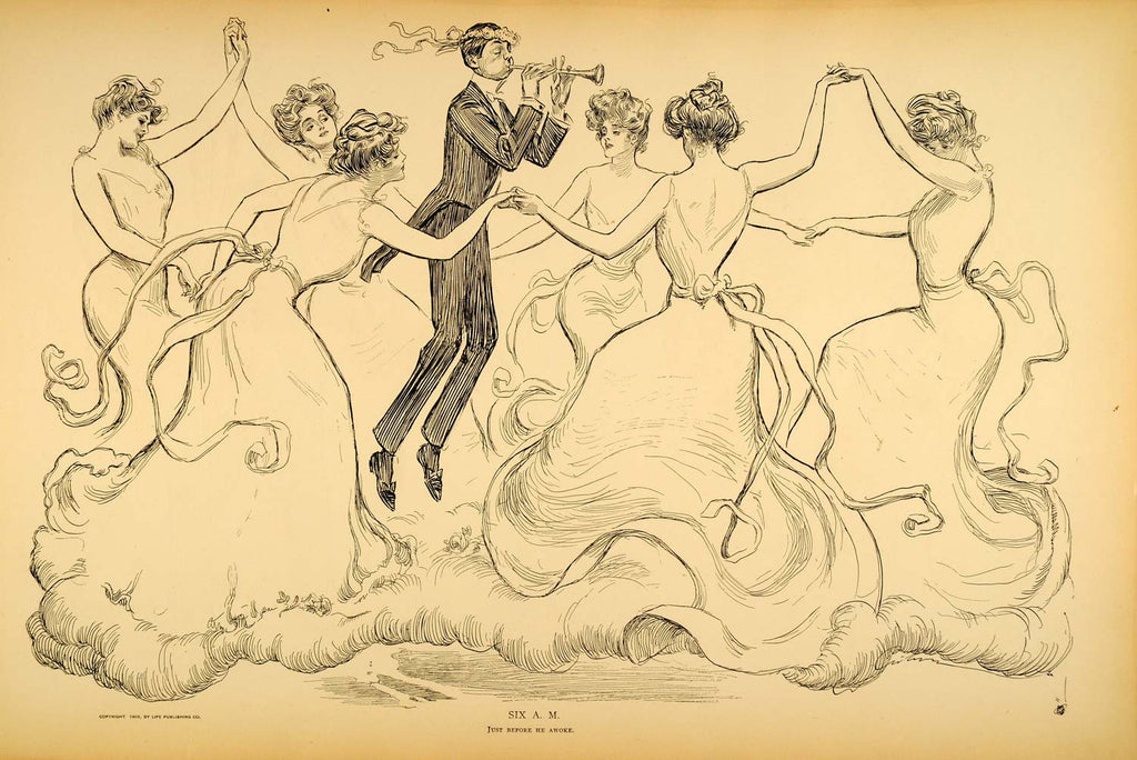 1906 Charles Dana Gibson Girls Dancing Dream Man Print ORIGINAL HISTORIC IMAGE - Period Paper
