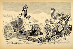 1906 Print Charles Dana Gibson Girl Woman Driver Vintage Car Accident Crash Art