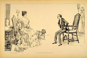 1906 Print Charles Dana Gibson Girl Bulldog Victorian Suitor Love Romance Satire - Period Paper
